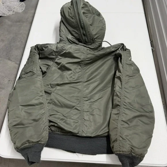 Vintage Military Style N-2B Flight Jacket Sage Green Faux Fur Hood Bomber Coat - Picture 8 of 10